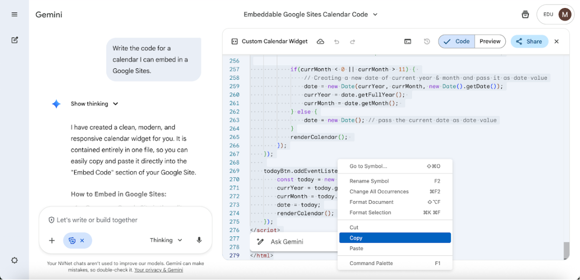 Copy the generated code from Google Gemini